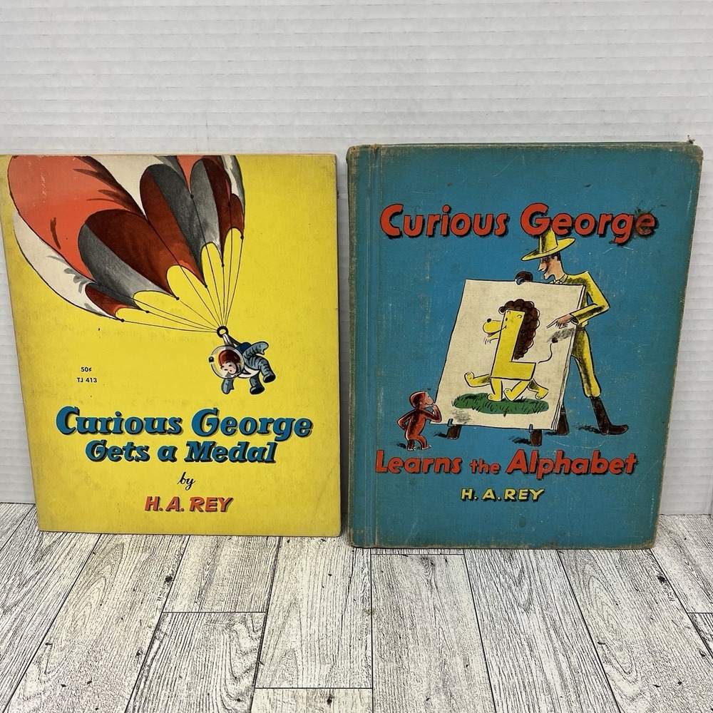 Vintage Curious George Book Lot: 1963 Learns The Alphabet HC Ex-Lib + 1968 Medal